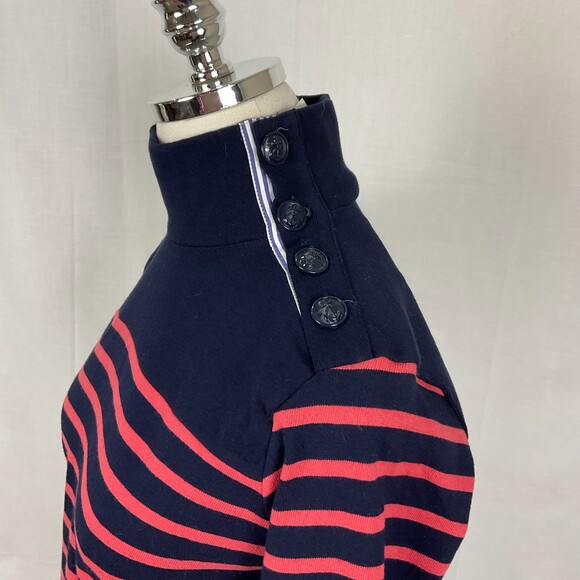 J.Crew Striped Knit Pullover Button Shoulder Navy & Pink Mockneck Sz XXS NWT - Picture 3 of 6